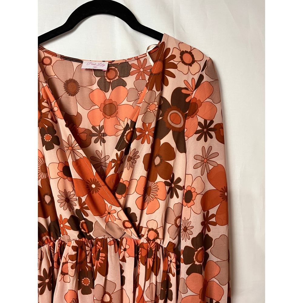 Pink Lily Dress Womens M Orange Floral Retro 70s Maxi Wrap Front Long Sleeve